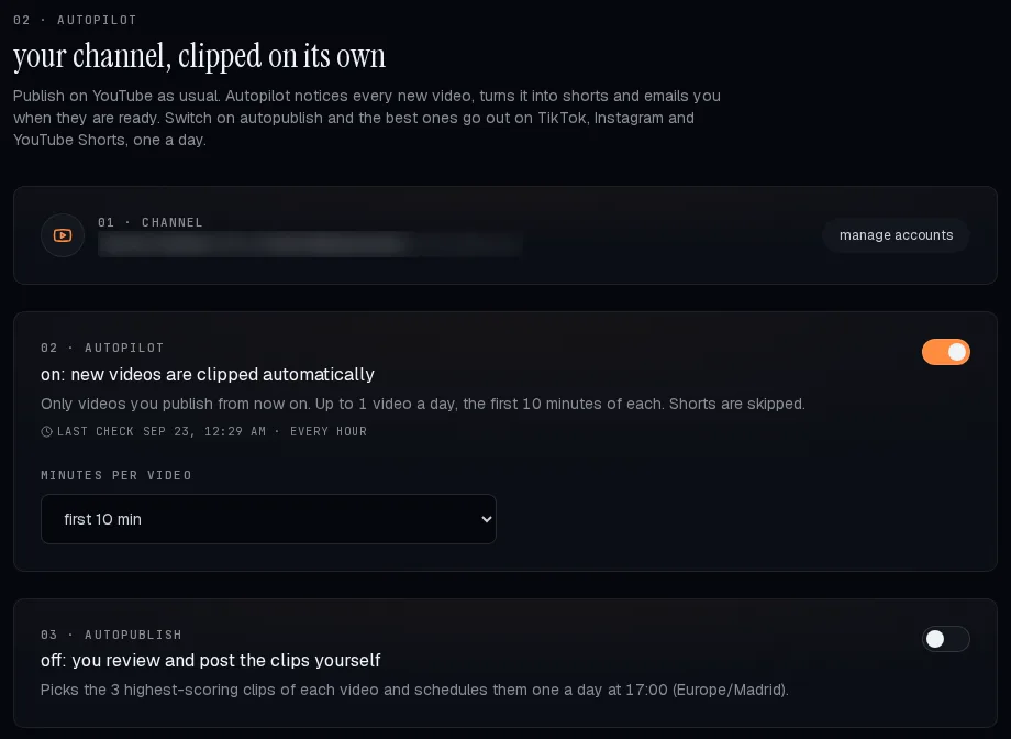 The Autopilot settings in OpenShorts: connected channel, Autopilot on with a 10 minute cap, autopublish off.